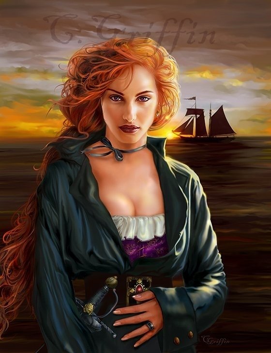 Photography of a confident woman with striking red hair standing by the sea at sunset, with a sailing ship in the background, blending portrait and scenic elements.