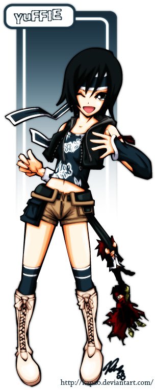 Stylized illustration of Yuffie Kisaragi from the video game Final Fantasy VII, showing her in a playful pose with her signature outfit and weapon.