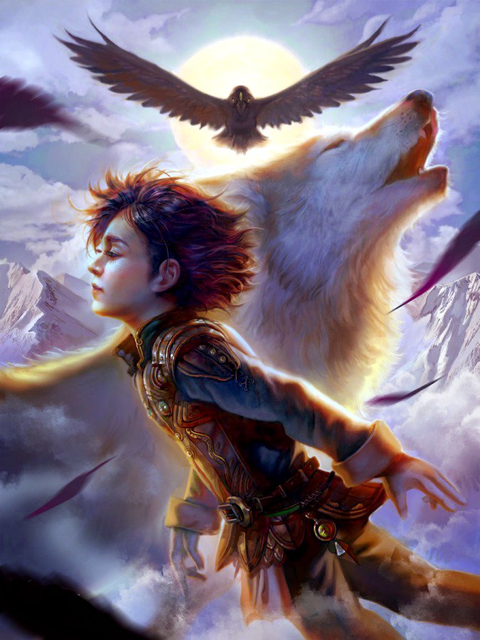 Bran Stark from Game of Thrones stands in a fantasy landscape, accompanied by a wolf and an eagle, against a backdrop of mountains and a glowing sun, embodying themes from A Song of Ice and Fire.