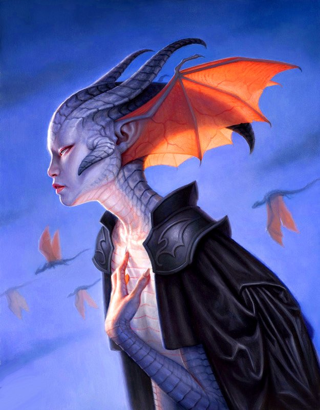 A fantastical dragon-like creature with horns and orange wings stands against a blue background, expressing a moment of contemplation, surrounded by flying figures.