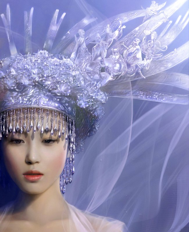 A serene figure in ethereal shades showcases a stunning, ornate headdress, embodying an enchanting blend of fantasy and oriental elegance.