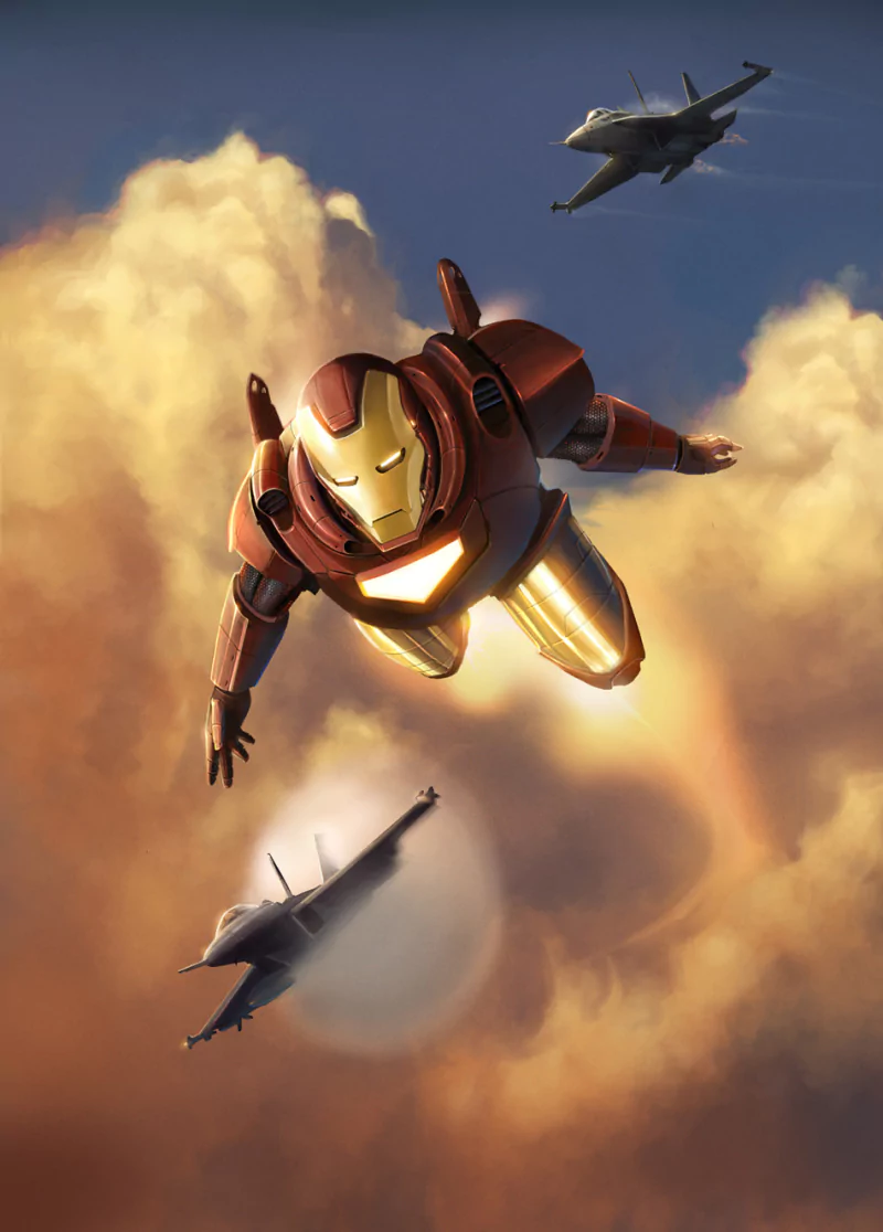 Iron Man soars through the sky, surrounded by clouds and two fighter jets, showcasing his iconic armored suit in a dynamic movie-inspired scene.