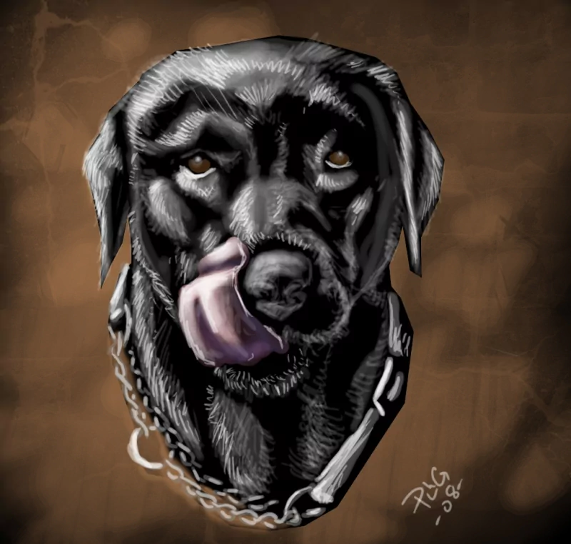 A stylized illustration of a black dog, featuring an expressive face with a tongue sticking out, set against a textured brown background.