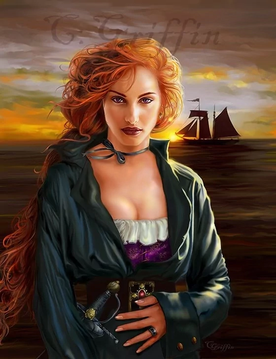 Photography of a confident woman with striking red hair standing by the sea at sunset, with a sailing ship in the background, blending portrait and scenic elements.