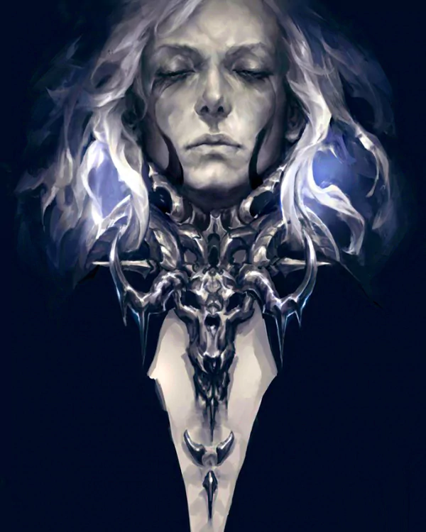 A fantasy-inspired emo figure with pale hair and closed eyes, adorned with an intricate, dark, gothic collar resembling twisted horns and bones.