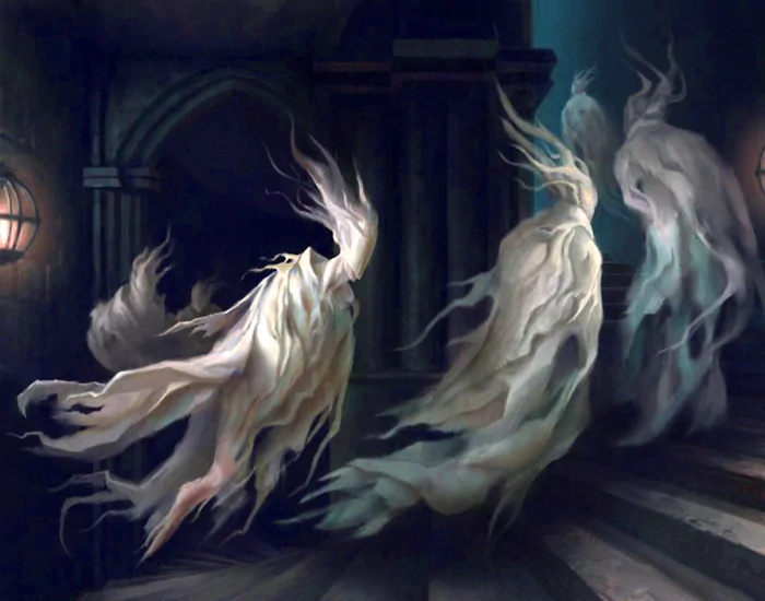 Three wispy, dark ghosts move gracefully down a shadowy stairway, illuminated by faint light, evoking a haunting and ethereal atmosphere.