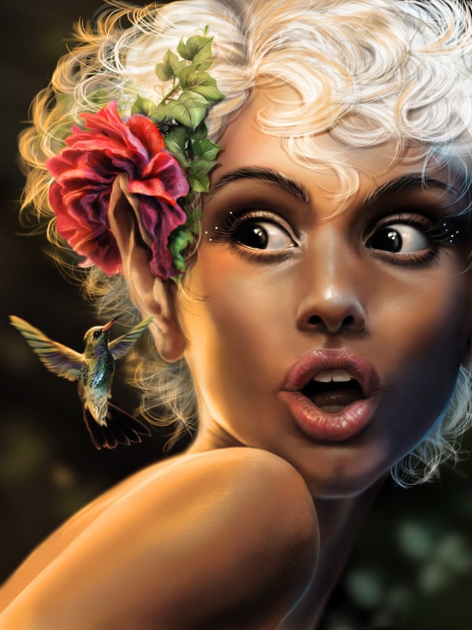 A woman with curly white hair adorned with a red flower and green leaves looks surprised as a hummingbird hovers near her ear.
