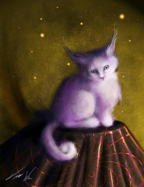 A whimsical illustration of a purple cat with pointed ears, sitting atop a patterned surface, against a dreamy backdrop of stars and a glowing yellow moon.