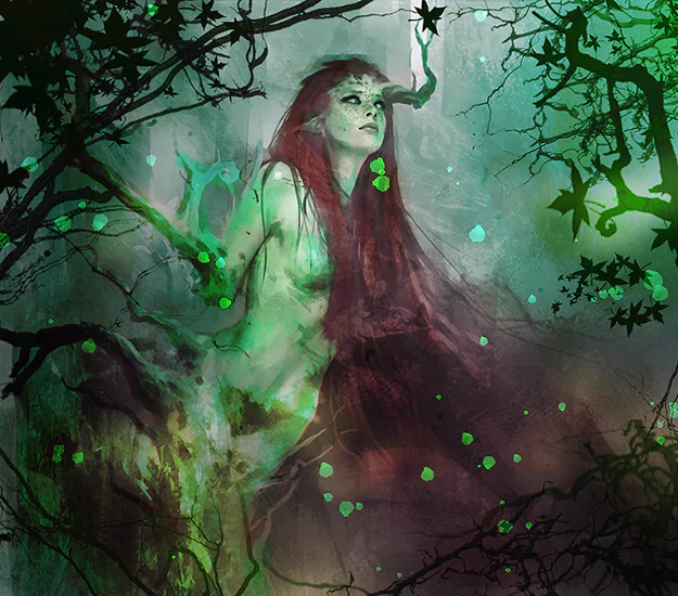 A mystical fae figure emerges from a lush, green forest, enveloped in ethereal light and surrounded by twisting branches, capturing the essence of fantasy.