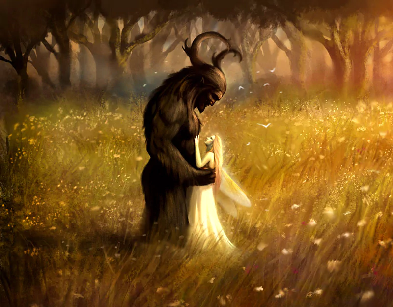 A fantastical sylvan scene depicts a gentle giant with antlers embracing a delicate figure, surrounded by a vibrant meadow and dappled sunlight filtering through the trees.