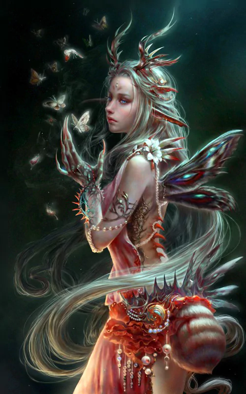 A mystical fae figure adorned in intricate, nature-inspired attire interacts with delicate butterflies, embodying the enchanting essence of fantasy.