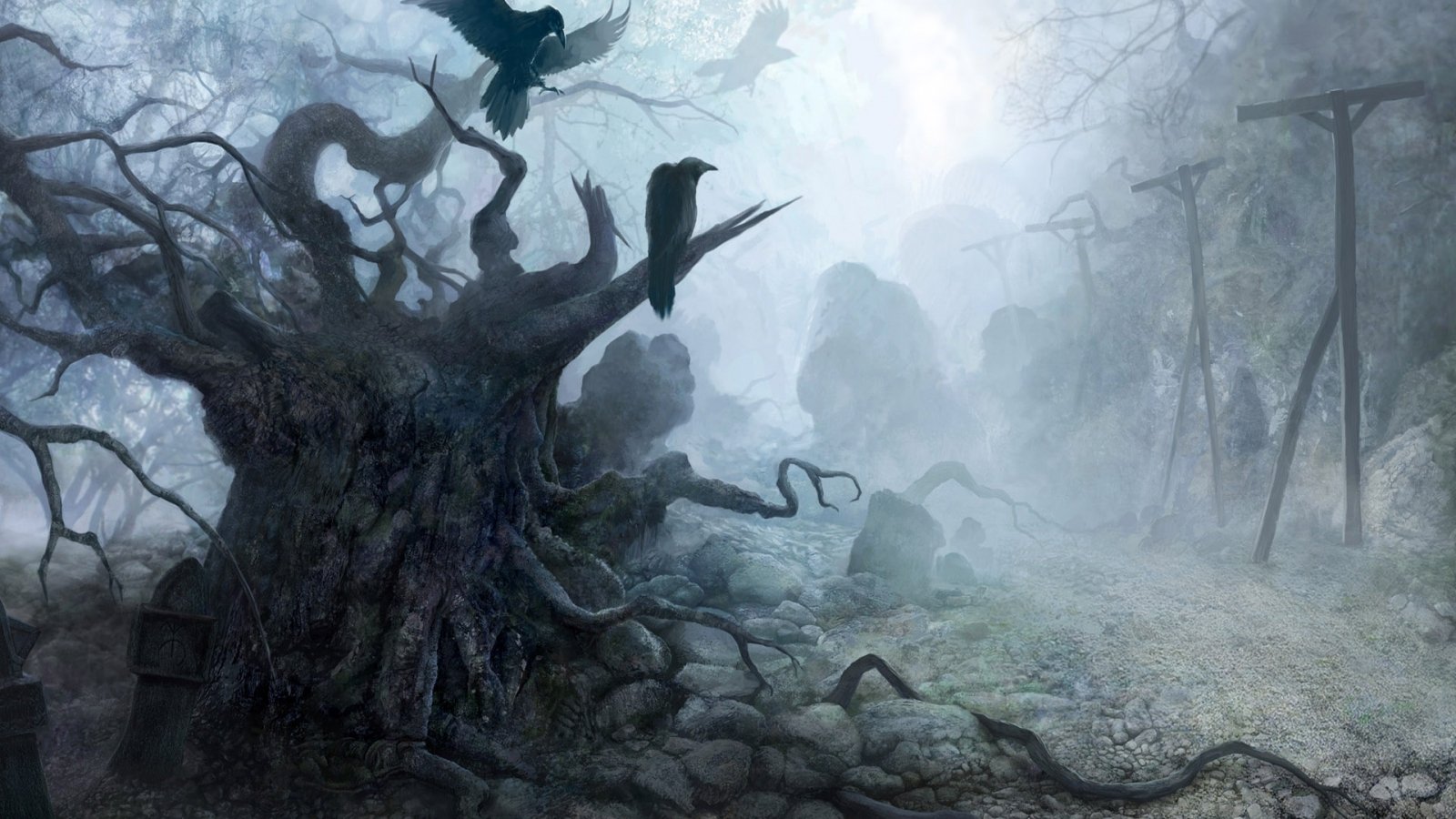Dark forest with a gnarled ancient tree and perched crows beside a foggy moonlit path and leaning utility poles.