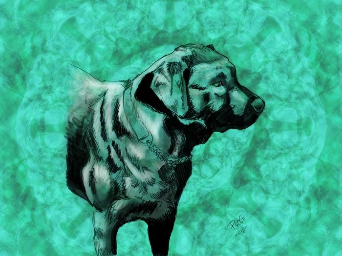 A stylized depiction of a dog, showcasing its profile against a vibrant teal background, blending artistic flair with the essence of the animal.