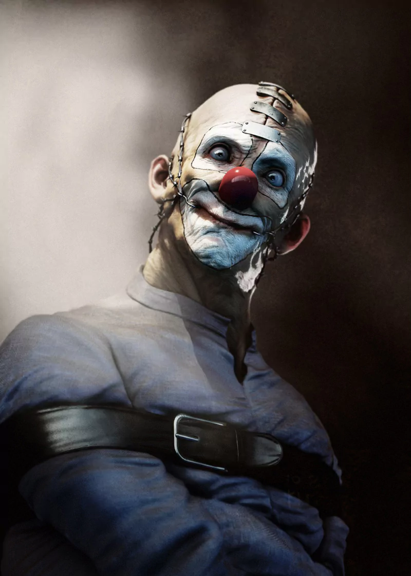 A dark, eerie clown with cracked white face paint, a red nose, and unsettling eyes, wearing a straitjacket against a shadowy background.