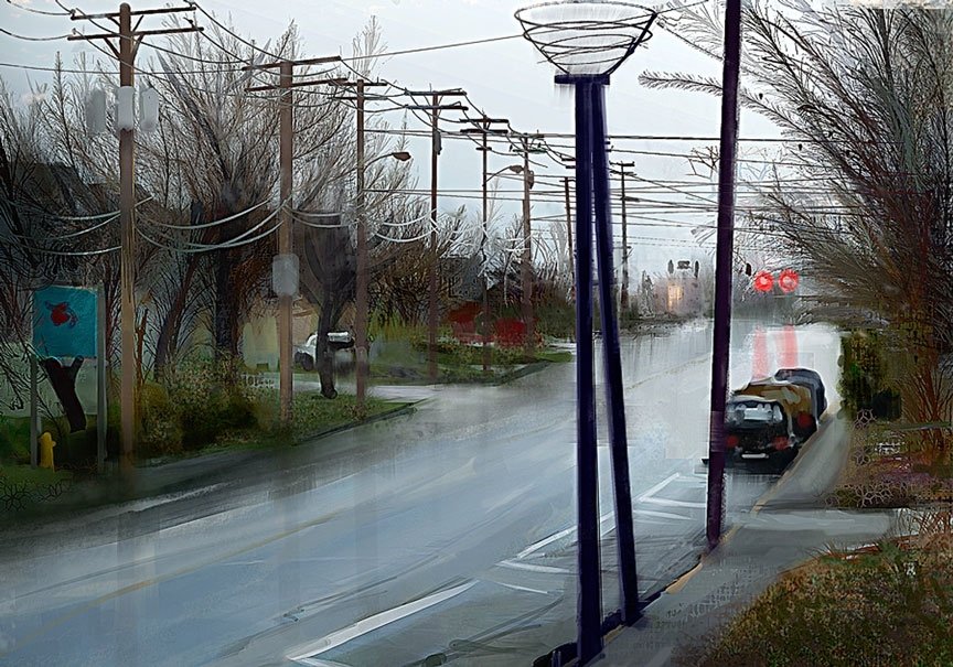 Rain-slick city street with man-made streetlamps and utility poles; power lines stretch above, a parked car and leafless trees under an overcast sky.