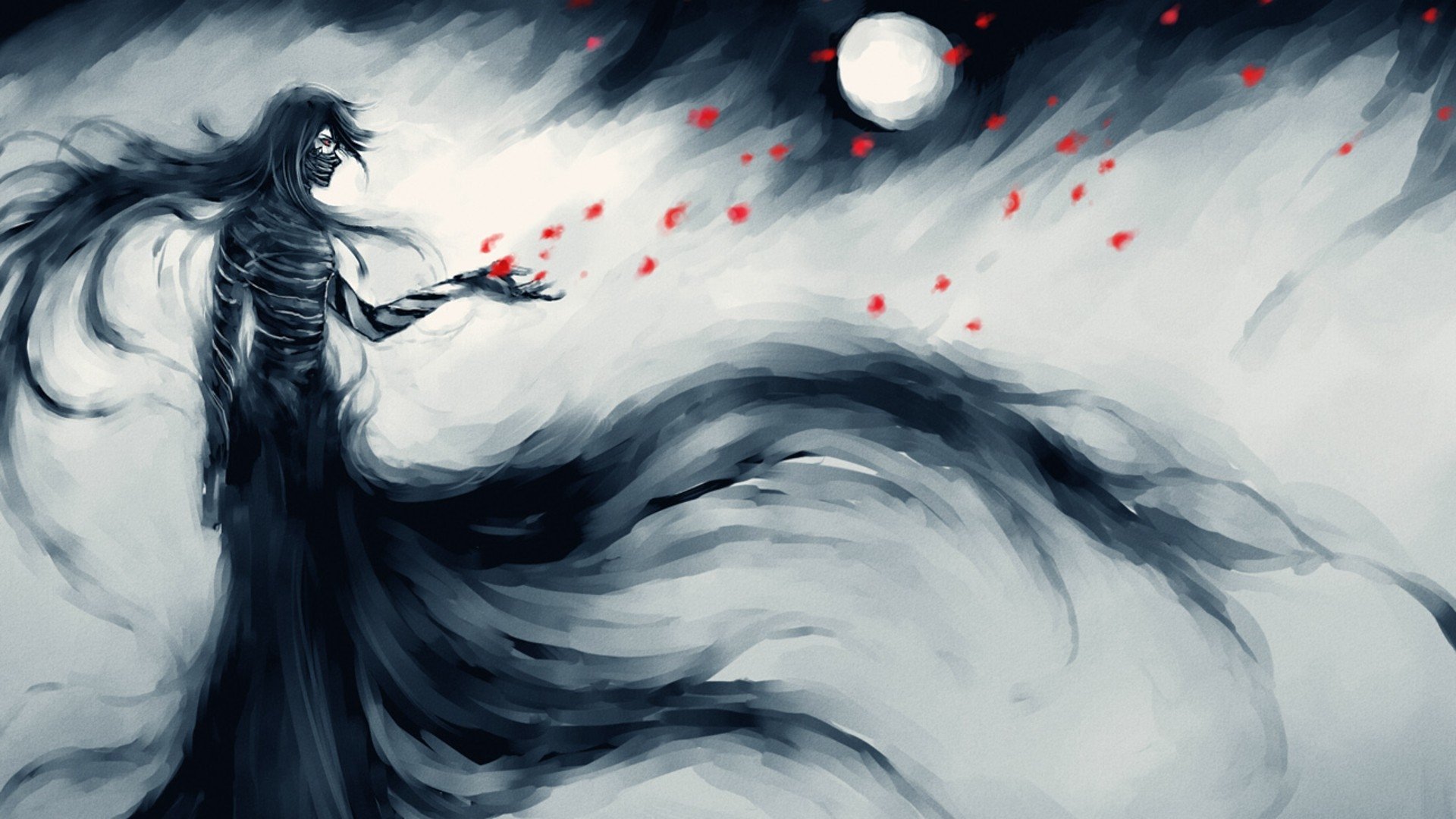 A dark sorceress witch conjures red glowing orbs under a full moon in a swirling, shadowy fantasy landscape.