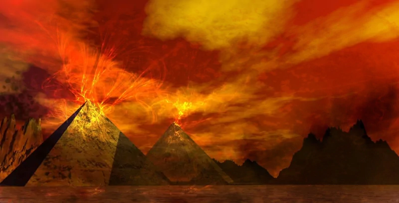 Man-made pyramids rise from a reflective shore beneath a blazing orange-red sky, two pyramids glowing at their summits with jagged mountains silhouetted in the distance.