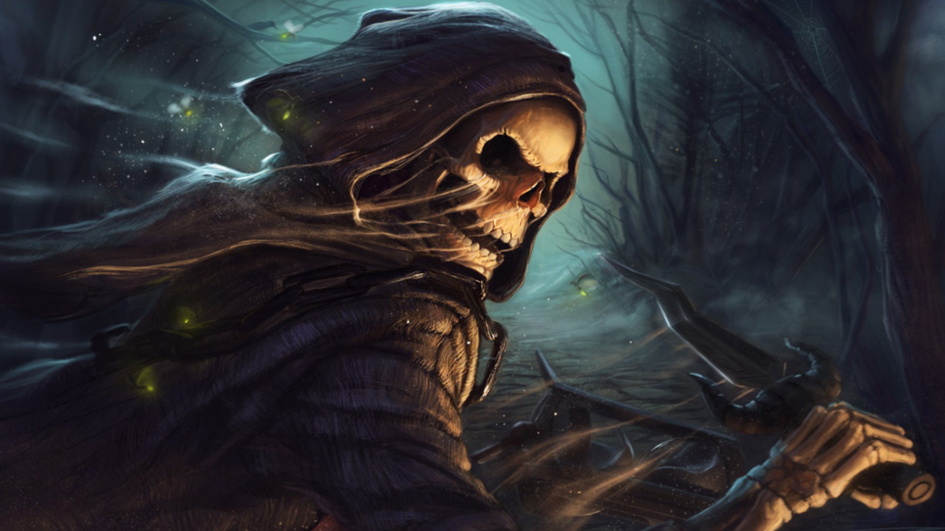 Heroes of Newerth video game artwork: hooded skeletal reaper clutching a scythe in a misty, moonlit forest, glowing wisps swirling around.