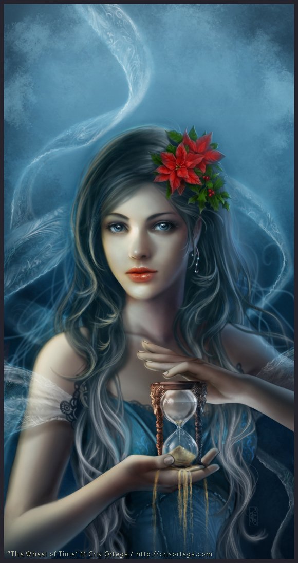 A woman with long, flowing hair holds an hourglass, adorned with a red flower in her hair. Ethereal wisps swirl around her, creating a mystical atmosphere.