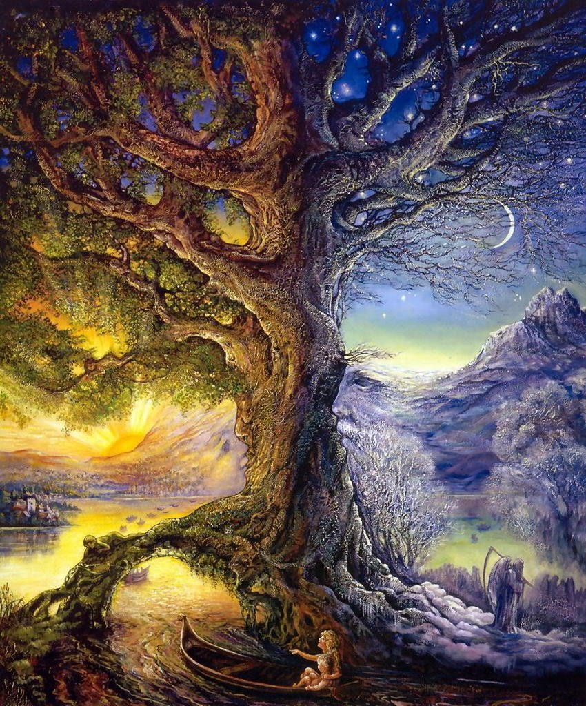 A majestic, ancient tree divides a vibrant fantasy landscape, showcasing the contrast of seasons with lush greenery and a snowy backdrop under a starry sky and crescent moon.