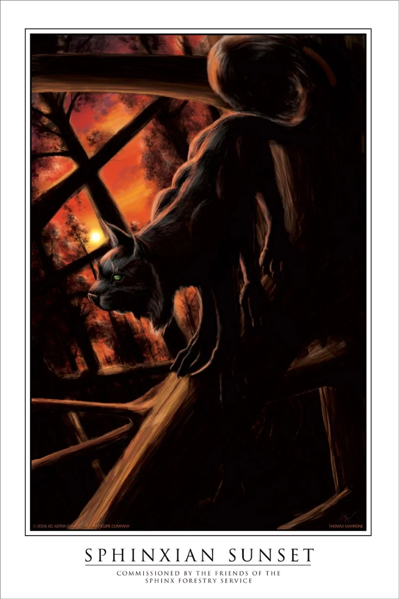 A dark silhouetted cat with glowing eyes perched on a wooden structure against a vivid orange sunset sky in a forest setting.