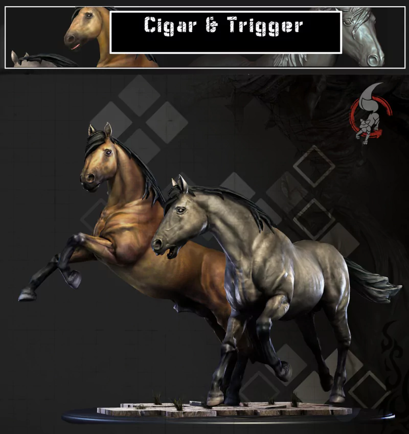 Two sculptures of horses, one brown and one gray, are captured in an elegant pose, showcasing their strength and beauty against a dark background. The piece is titled Cigar & Trigger.