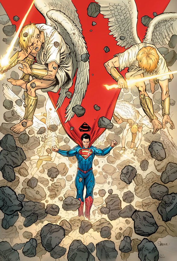 Kal-El from The New 52 DC Comics flies amid floating rocks, flanked by two blonde angelic figures with wings and golden armor wielding swords.
