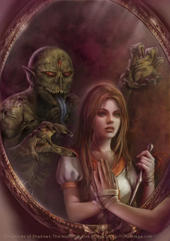 A scary, monstrous creature appears behind an unknown woman looking into a mirror, her hands bound as she holds a knife anxiously.