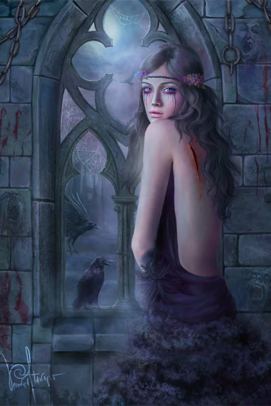 A mysterious woman with long wavy hair and a flower crown gazes back from an old stone window with crows and eerie mist surrounding her in a dark, gothic setting.