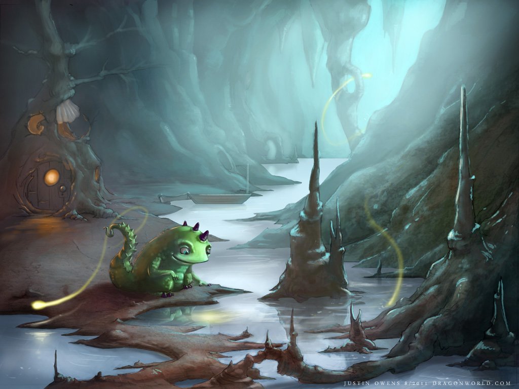 A small green fantasy dragon with glowing eyes explores a misty, cavernous landscape with stalagmites and soft blue light filtering through.