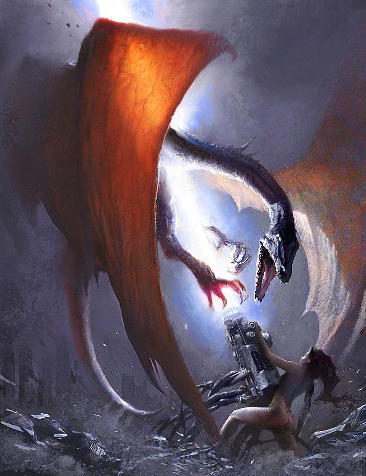 A sci-fi scene featuring a fierce alien creature with large wings confronting a human figure equipped with advanced gear amidst a desolate, rocky landscape.