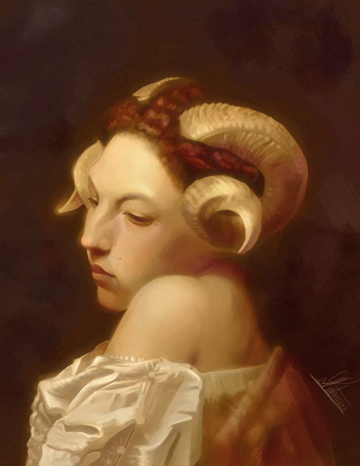 A photography-style portrait of a person with ram-like horns, wearing a white garment, against a dark, muted background.