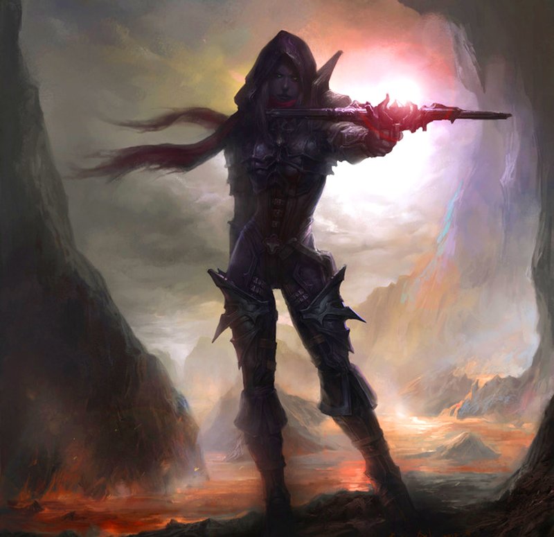 A dark, hooded character poses dramatically with a weapon in an ominous landscape, embodying the mystique and intensity of Diablo III.