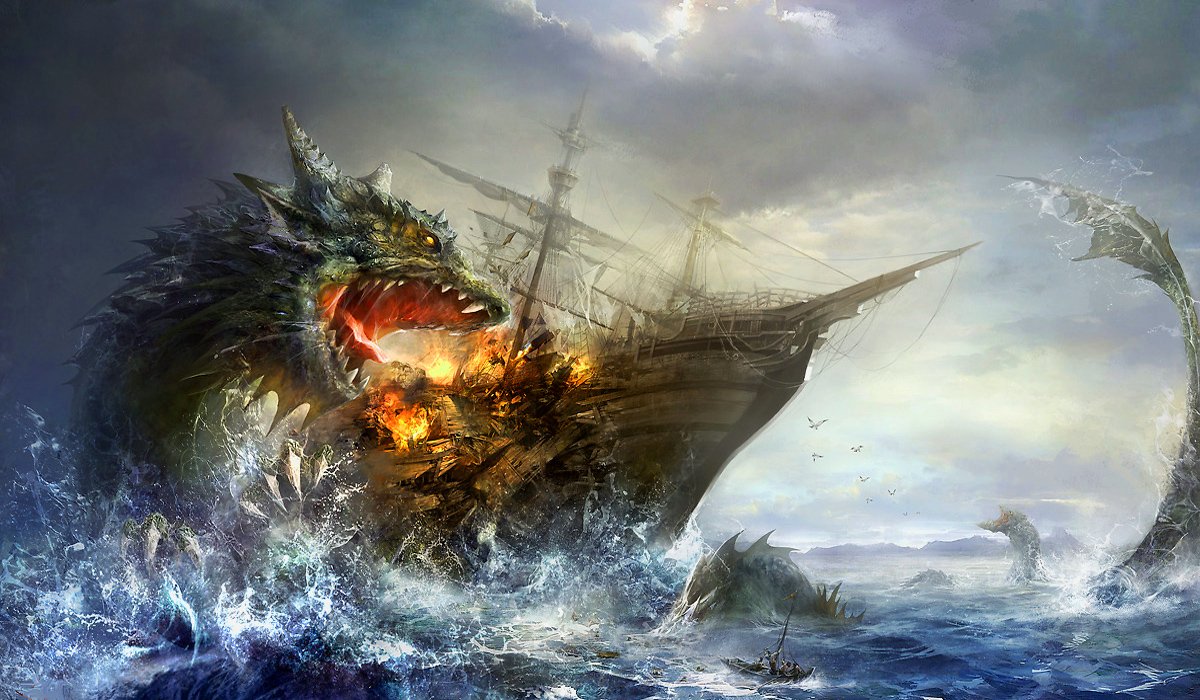 A fierce fantasy sea monster emerges from turbulent waters, attacking a burning wooden ship amidst stormy skies and crashing waves.