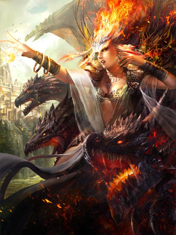 A powerful sorceress stands amidst fiery chaos, commanding dark dragons with an outstretched hand, embodying strength and mystique in a captivating fantasy realm.