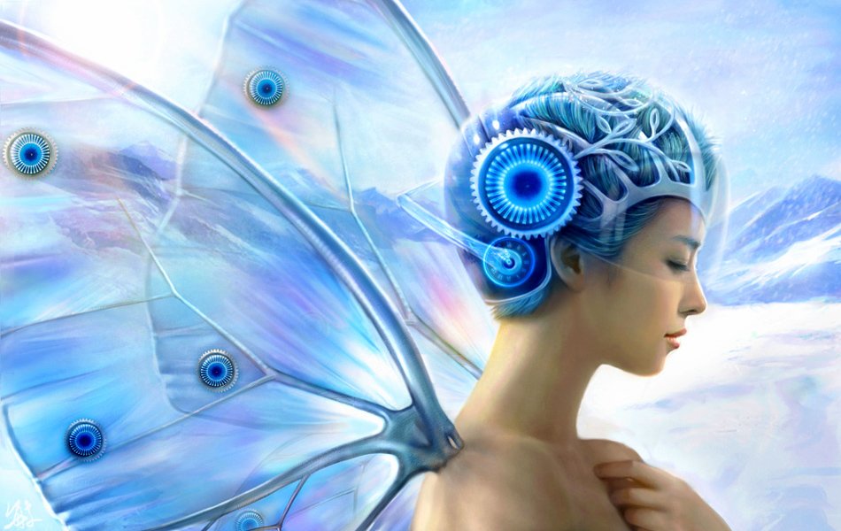 A serene fairy with intricate blue butterfly wings and a futuristic headpiece, set against a dreamy landscape, embodies the essence of fantasy in this captivating image.