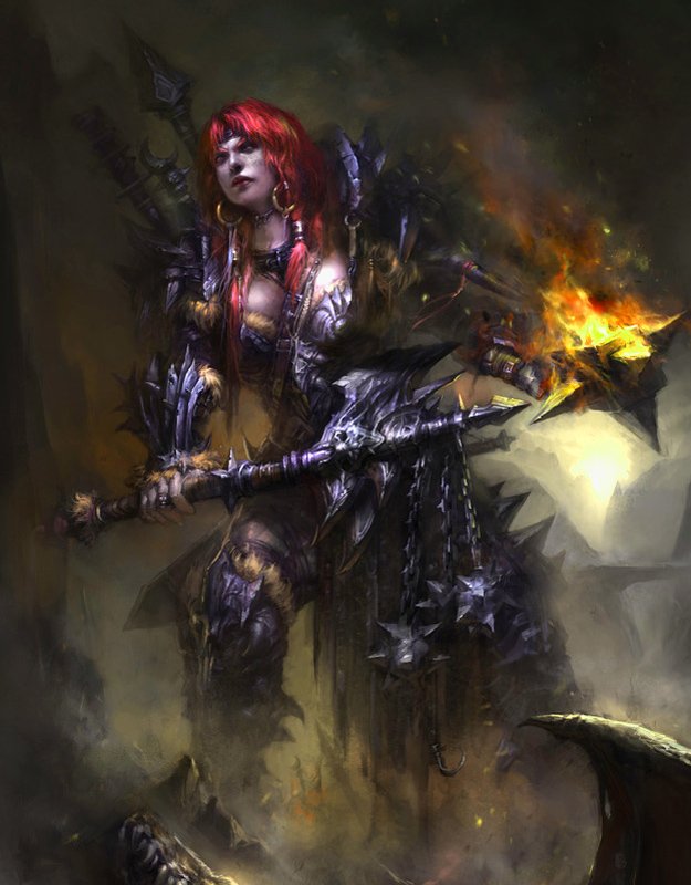 A fierce Barbarian from Diablo III stands ready for battle, adorned in intricate armor and wielding a fiery weapon amid a dark, atmospheric backdrop.