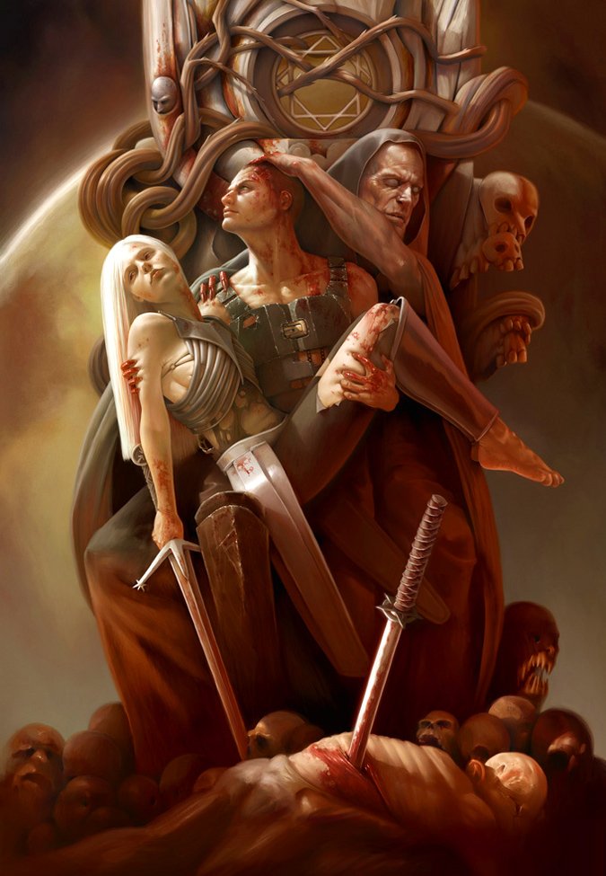 A dramatic fantasy scene featuring people entwined in an intense struggle, surrounded by eerie skulls and powerful symbolism, conveying themes of conflict and resilience.