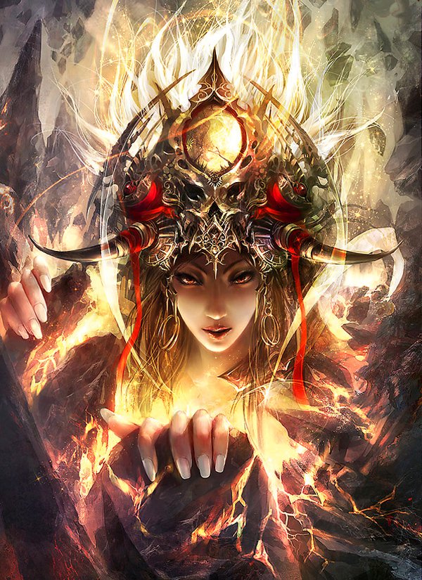 A powerful sorceress emerges from fiery chaos, adorned with an ornate headdress. Her intense gaze and flowing hair evoke a captivating fantasy realm.