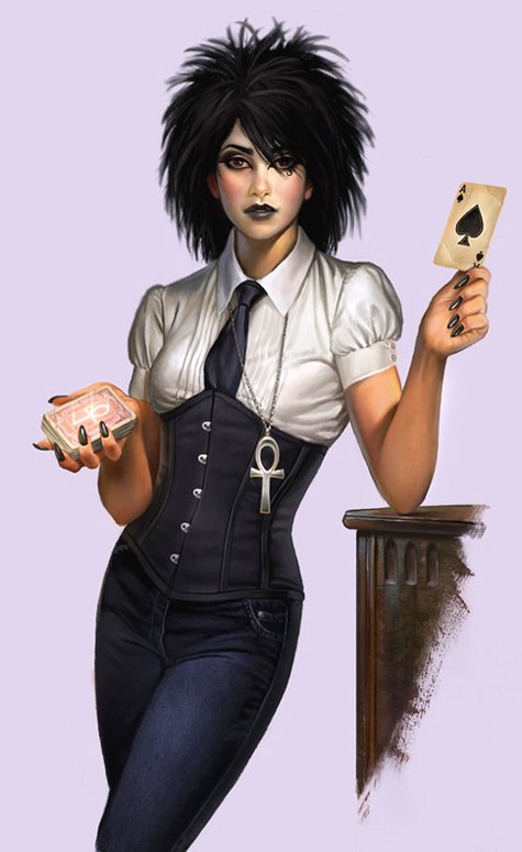 A character from DC Comics' The Sandman, Death stands confidently, holding a card and a deck, showcasing her signature style with a corset and ankh necklace.