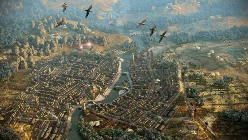 A detailed aerial view of a sprawling city landscape from the video game The Elder Scrolls III: Morrowind, featuring rivers, buildings, and birds in flight.