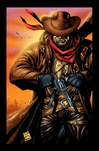 A rugged man dressed in Western attire stands confidently, wearing a wide-brimmed hat and a red bandana, gripping a revolver with determination against a sunset backdrop.