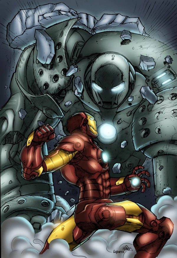 Comic-style illustration of Iron Man facing a large, menacing robotic figure breaking through a wall, creating a dramatic and intense confrontation scene.