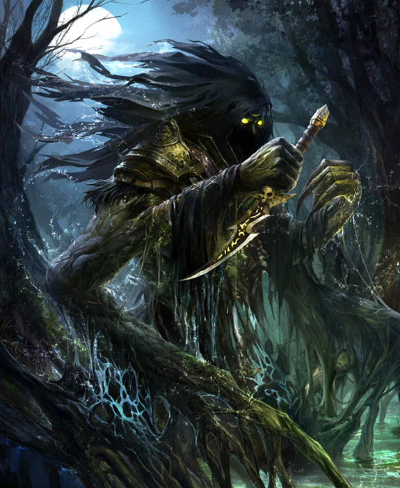 A mysterious fantasy creature emerges from the dark forest, wielding a dagger and surrounded by ethereal foliage, illuminated by the moonlight filtering through the trees.