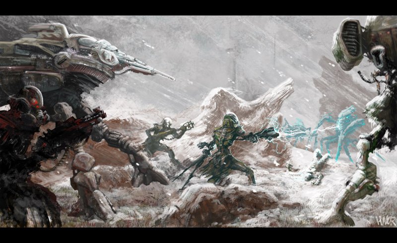 Futuristic sci-fi battle in a snowy wasteland: armored soldiers and robots clash with alien creatures amid wreckage and hovering war machines.