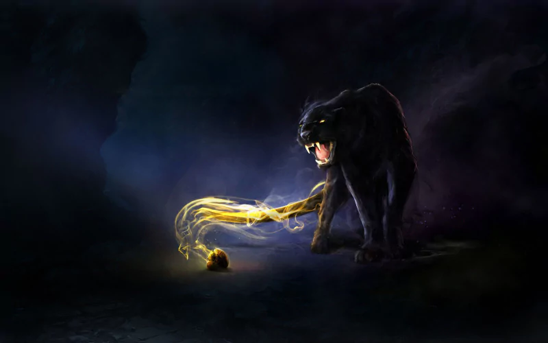 A fierce black panther stands in a dark environment, growling as it interacts with a glowing golden object on the ground, creating an intriguing contrast with the shadowy backdrop.