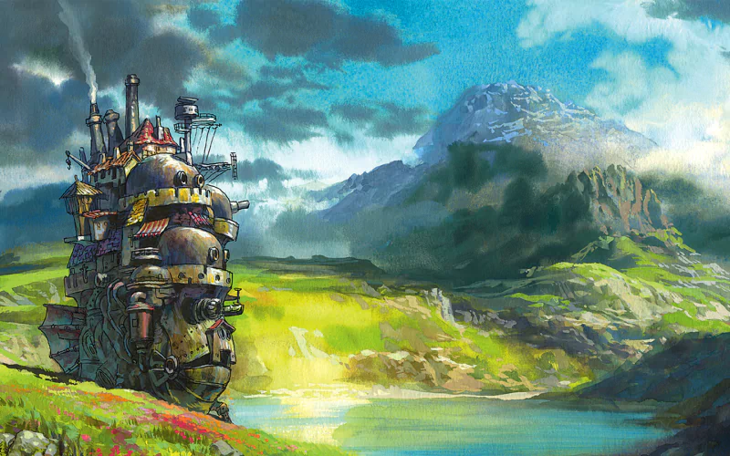 Anime-style scene of Howl's Moving Castle trundling across sunlit green fields by a reflective lake, framed by distant mountains beneath a cloudy blue sky.