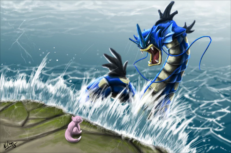 A dramatic anime-style scene featuring Gyarados emerging from tumultuous waves, while a small Mew watches from the shore, highlighting a captivating Pokémon encounter.