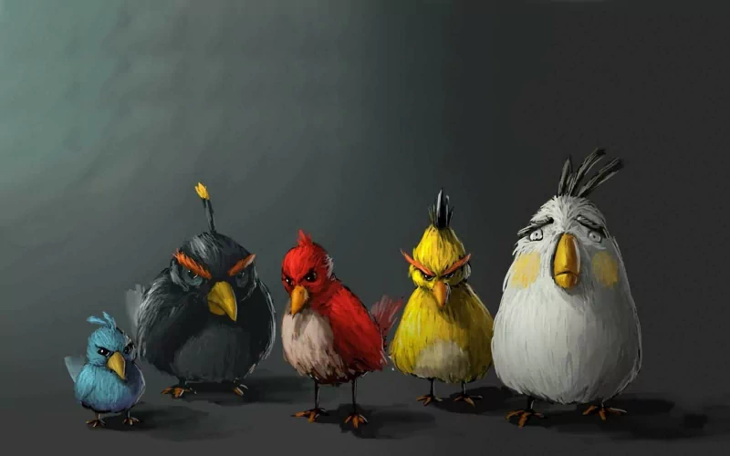 A digital illustration of Angry Birds characters standing side by side against a dark background, showcasing their distinct colorful designs from the video game.
