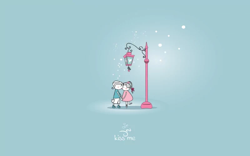 A whimsical illustration of a couple sharing a sweet moment under a pink lamppost, surrounded by bubbles, capturing the essence of love with artistic charm.